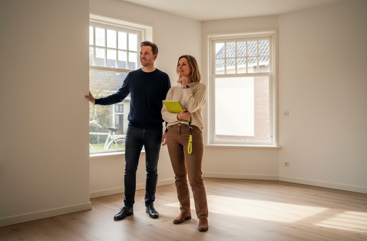Twee starters bekijken rustig de woonkamer van een woning tijdens een bezichtiging