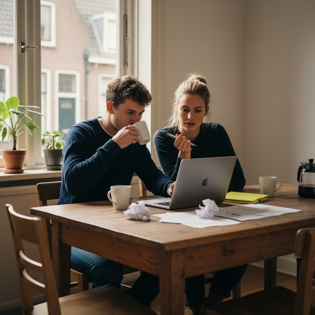 Twee starters zitten aan de keukentafel en bespreken hun woonplannen met laptop en notities, in een rustige en huiselijke sfeer.