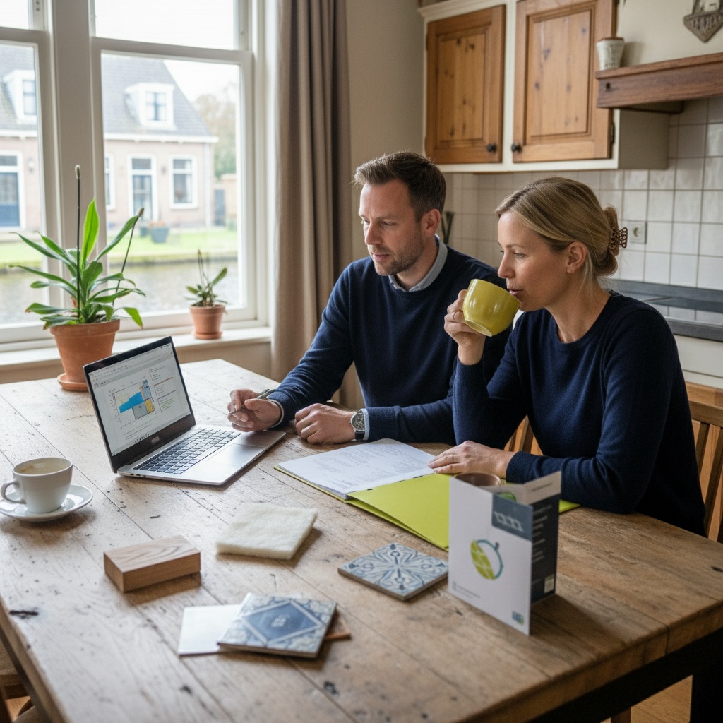 Twee bewoners zitten aan de keukentafel en bekijken materialen en plannen voor het verbouwen of verduurzamen van hun woning.