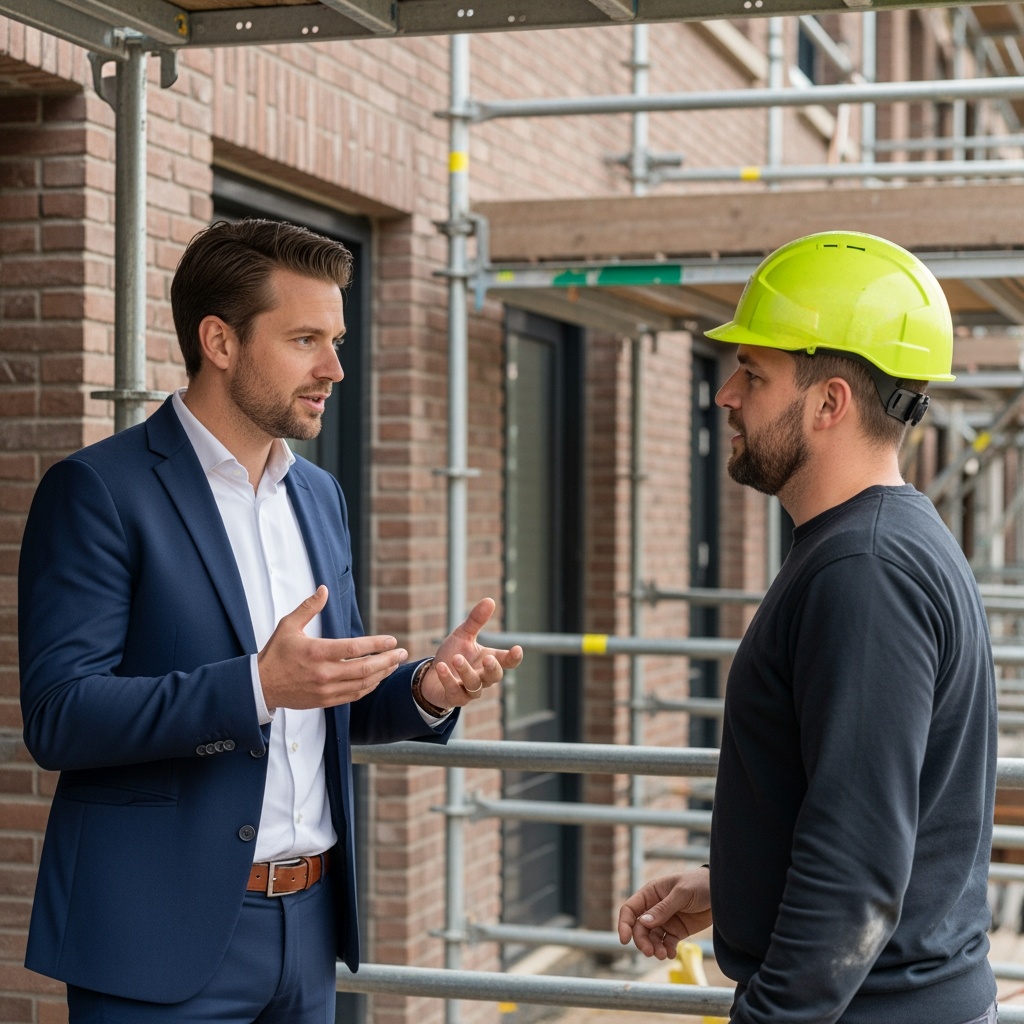 Een ondernemer en aannemer bespreken de verbouwing van een Nederlands bedrijfsgebouw op de bouwplaats.