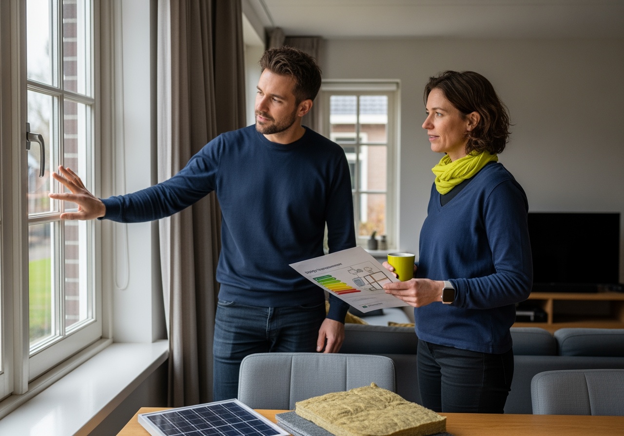 Twee bewoners bekijken hoe ze hun woning kunnen verduurzamen, met voorbeelden van isolatie of zonnepanelen op tafel.