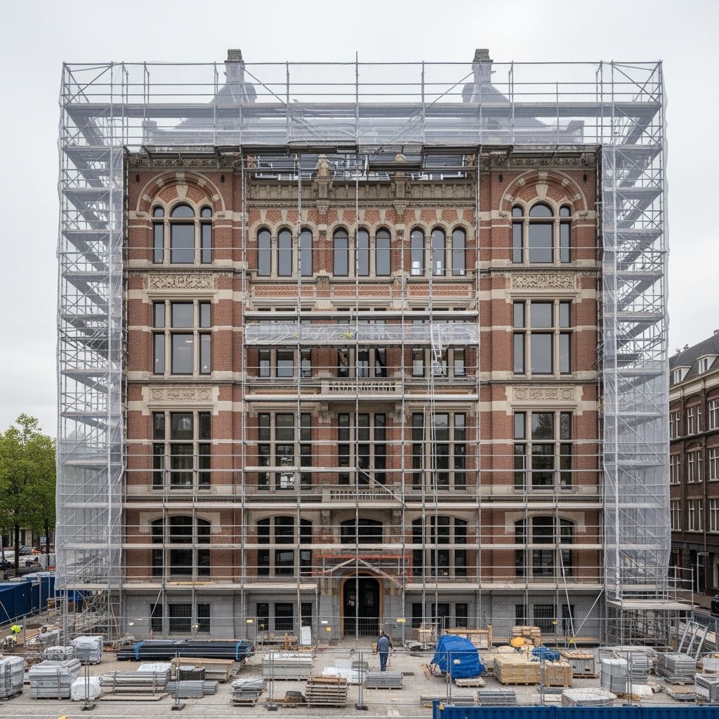 Een oud Nederlands pand staat in de steigers tijdens een verduurzamingsproject, met zichtbare werkzaamheden aan gevel en dak.