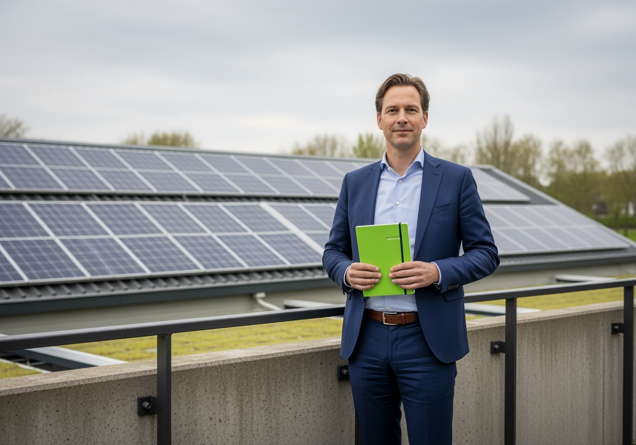 n ondernemer staat in een bedrijfsomgeving met een groen notitieboekje in de hand.