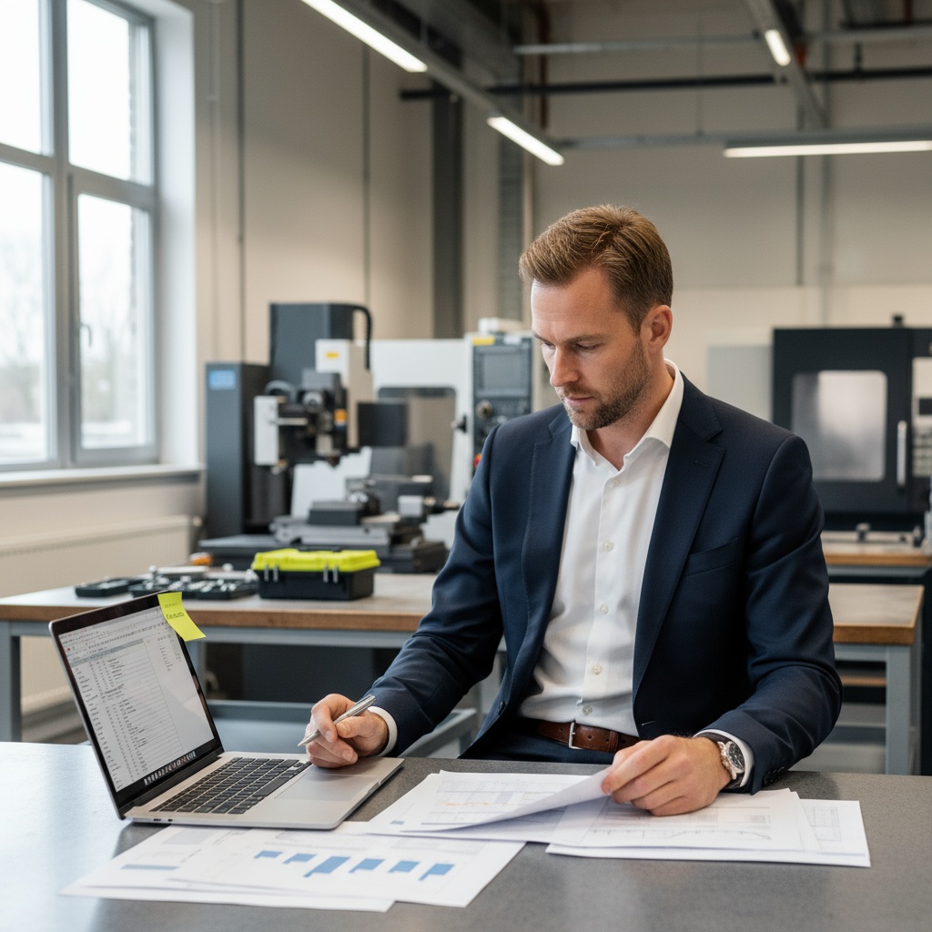 Ondernemer bekijkt offertes of financieringsopties aan een werkbank in industriële omgeving.