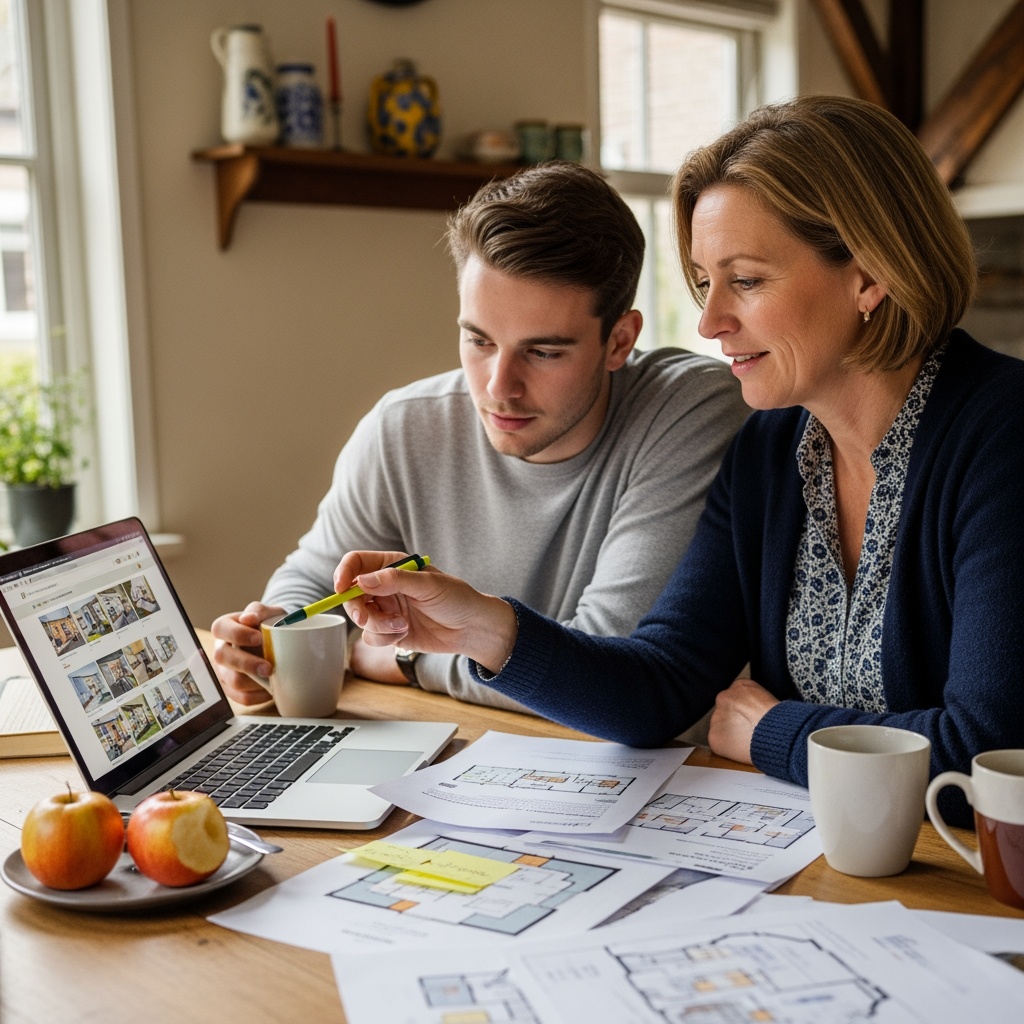 Een moeder en haar zoon zitten aan de keukentafel en bekijken samen woningopties op laptop en papier.