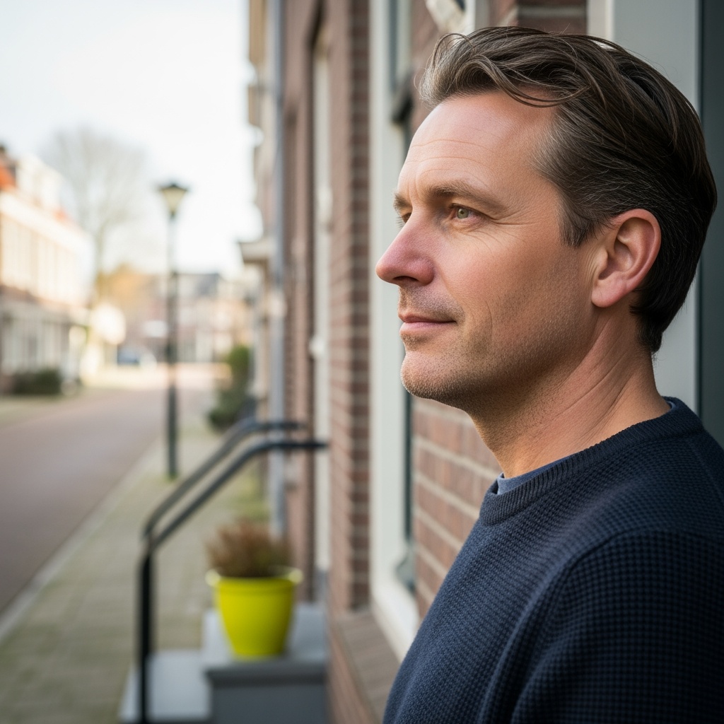 Close-up van een man die bij zijn woning staat en rustig naar het huis kijkt terwijl hij nadenkt over het oversluiten van zijn hypotheek.