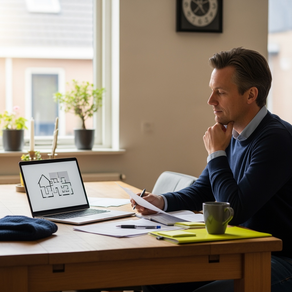 Een persoon zit rustig aan de keukentafel en bekijkt de woon- en financiële opties na een scheiding, in een huiselijke en kalme sfeer.