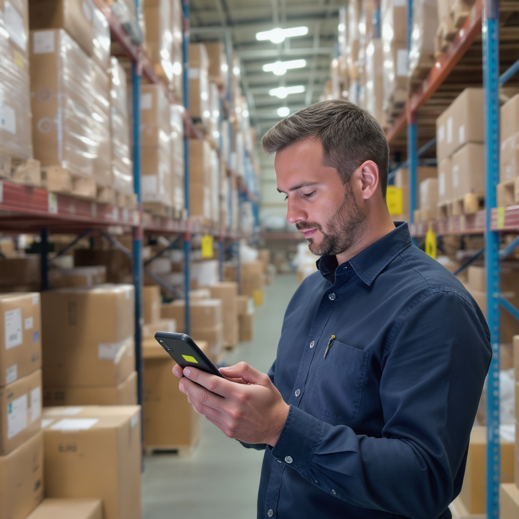 Een ondernemer controleert voorraad en bestellingen in een bedrijfsruimte, passend bij situaties waarin een flexibel zakelijk krediet nodig is.