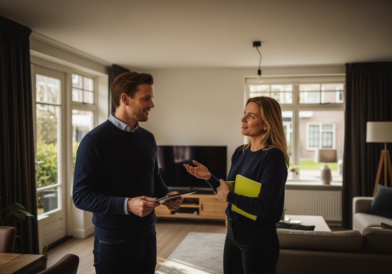 Twee doorstromers bekijken rustig een nieuwe woning en bespreken hun volgende stap, in een lichte en kalme woonkamer.