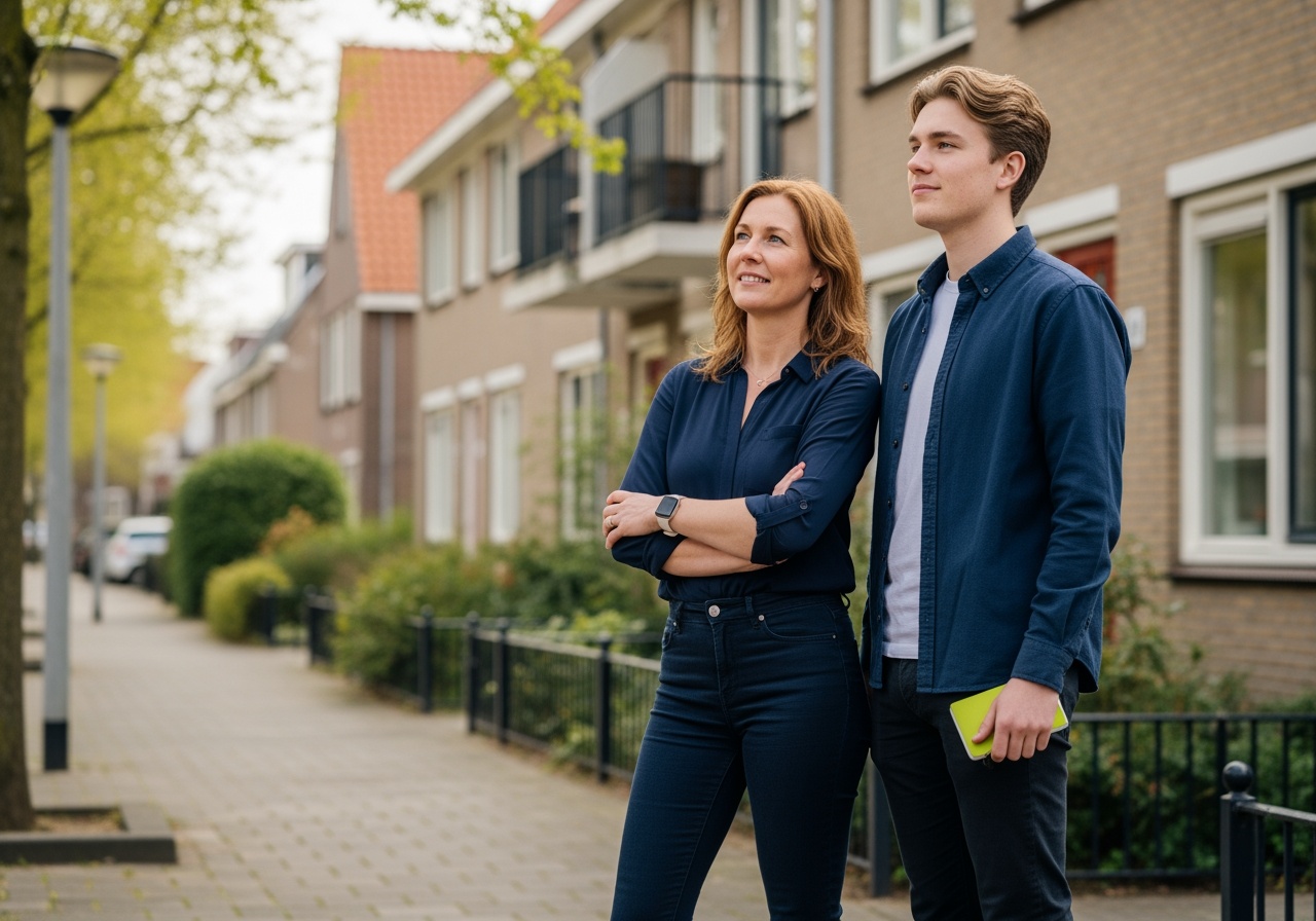 Een ouder en een jongvolwassene staan voor een woning en kijken samen naar het huis dat mogelijk wordt gekocht. Op zoek naar hypotheken.