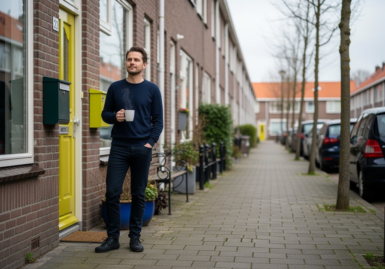 Een persoon staat rustig voor zijn woning en kijkt nadenkend naar het huis tijdens het overwegen van het oversluiten van de hypotheek.