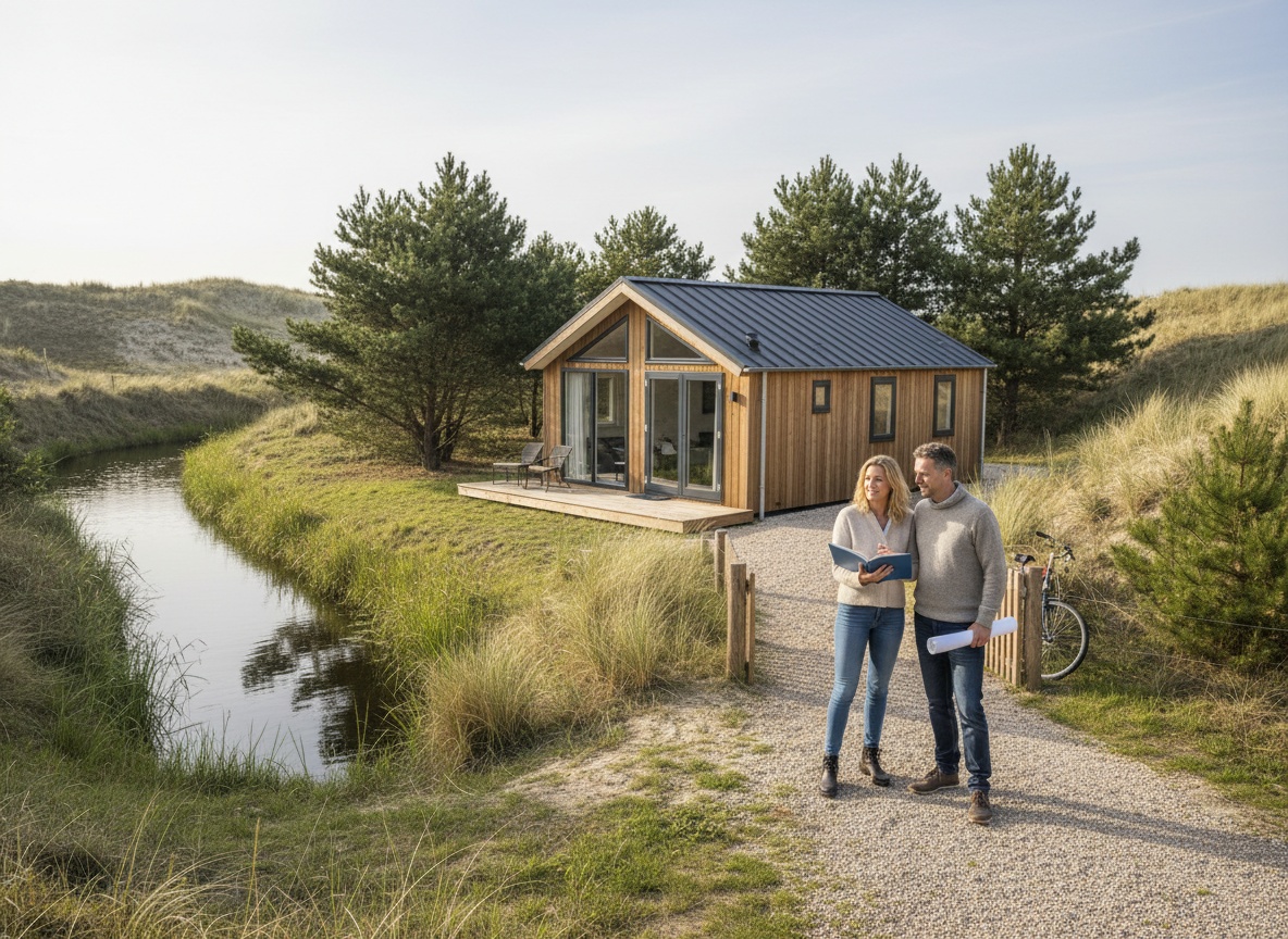 Een Nederlandse recreatiewoning met een persoon die buiten naar het huis kijkt.