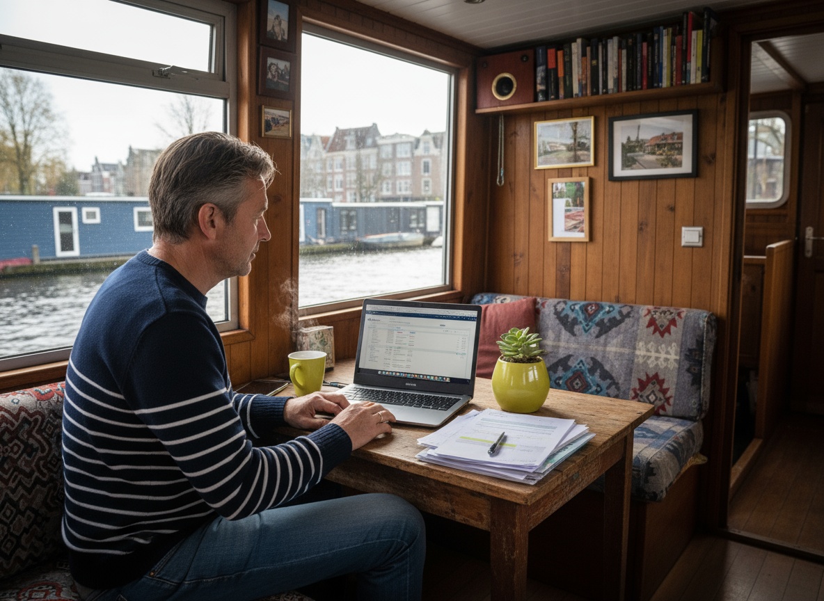 Een persoon zit aan de tafel in een woonboot en bekijkt rustig de financiële mogelijkheden op laptop en papier.