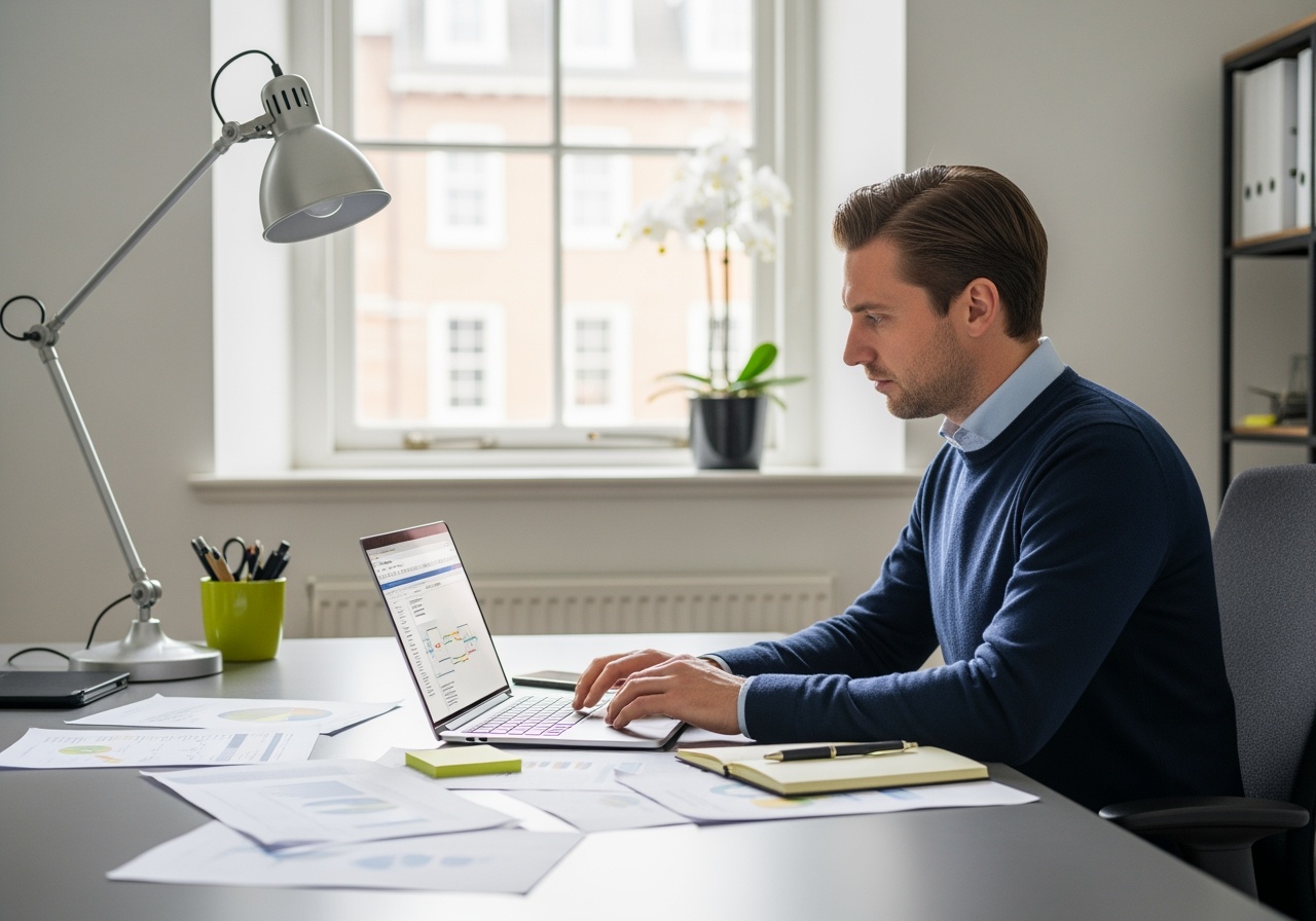 Een ondernemer bekijkt financiële informatie op een laptop en papieren om inzicht te krijgen in zijn zakelijke kredietruimte.