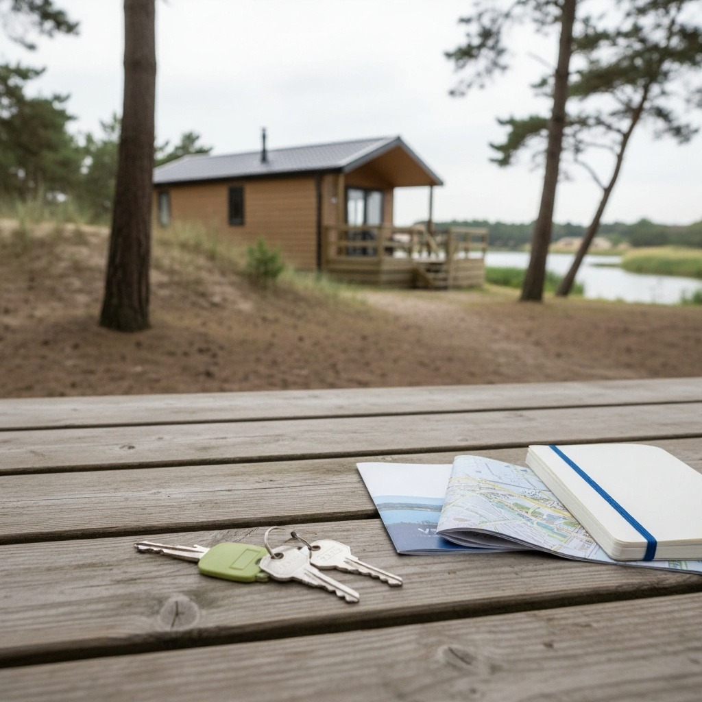 Sleutels en documenten liggen op een tafel met op de achtergrond een Nederlandse recreatiewoning.